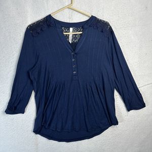NY Collection Blouse Women P Large Blue 1/4 Button Up Mesh Insert Long Sleeve